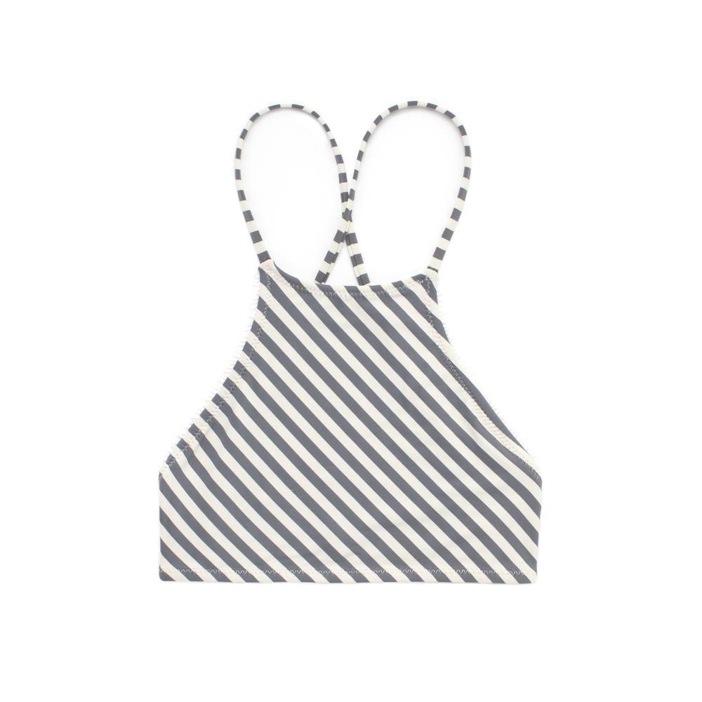 Grey and white striped halter neck bikini top