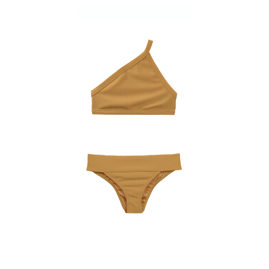 Tan two piece bikini with one-shoulder top