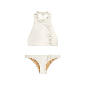 Cream two piece swimsuit with ruffle detail