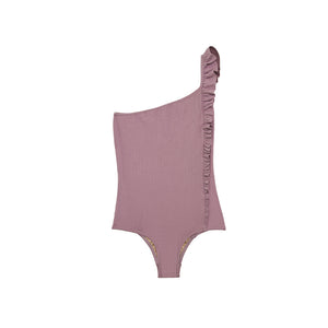 Purple ribbed asymmetrical one piece swimsuit