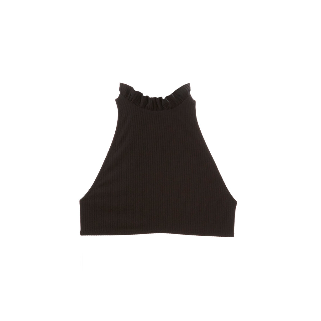 Black high neck swimsuit top with ruffles