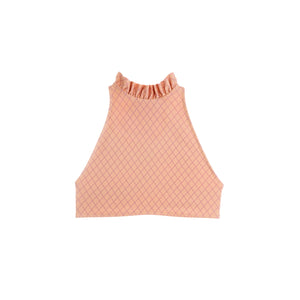 Coral high neck swimsuit top with ruffles by Made by Dawn