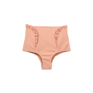 Coral high waisted swimsuit bottom with ruffle detail