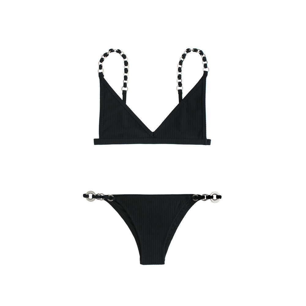 Black two piece bikini with gold chain detail