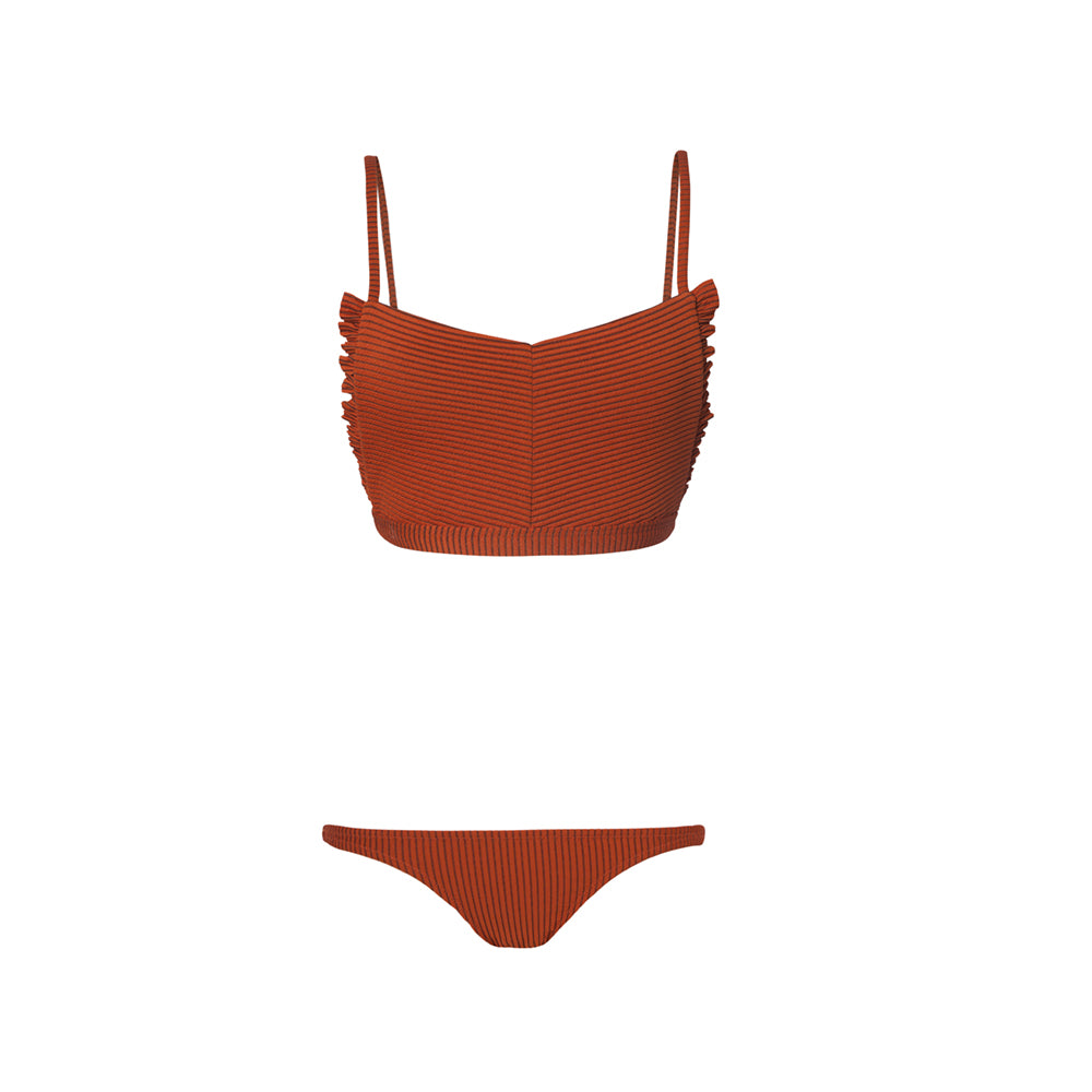 Rust two piece swimsuit with ruffles