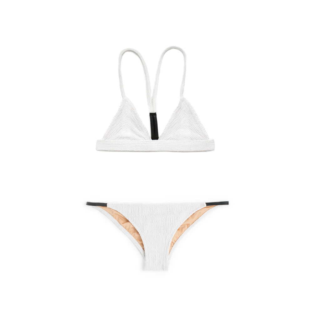 White two piece bikini with faux leather detailing