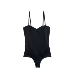Black one piece swimsuit with sweetheart neckline and fringe