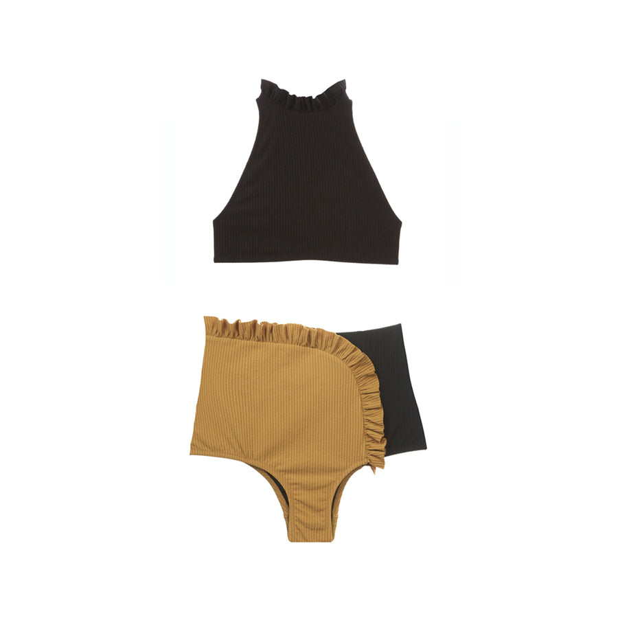 Black and tan two piece swimsuit with ruffles by Made by Dawn