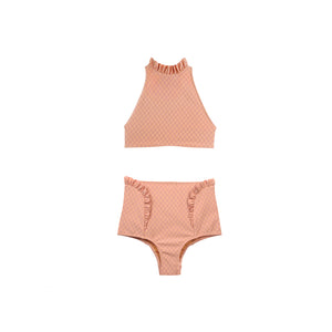 Coral two piece swimsuit with ruffles by Made by Dawn