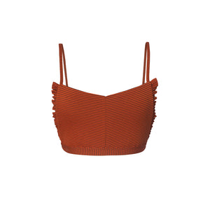 Rust swimsuit top with ruffles by Made by Dawn