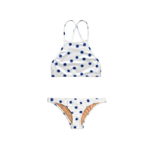 Blue and white polka dot two piece swimsuit